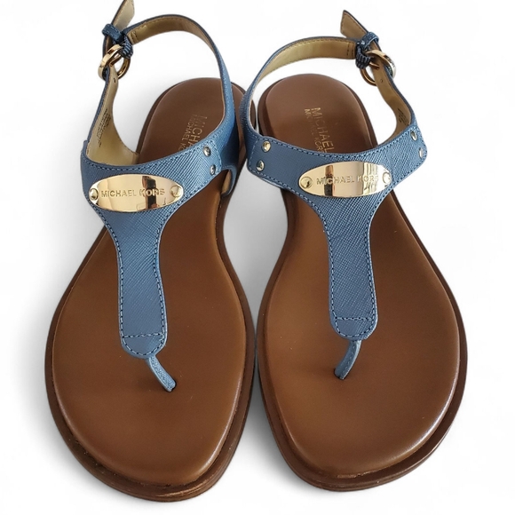 MICHAEL Michael Kors Blue Leather Gold Logo Plate Strappy Thong Sandal Women's 6 - Picture 2 of 11